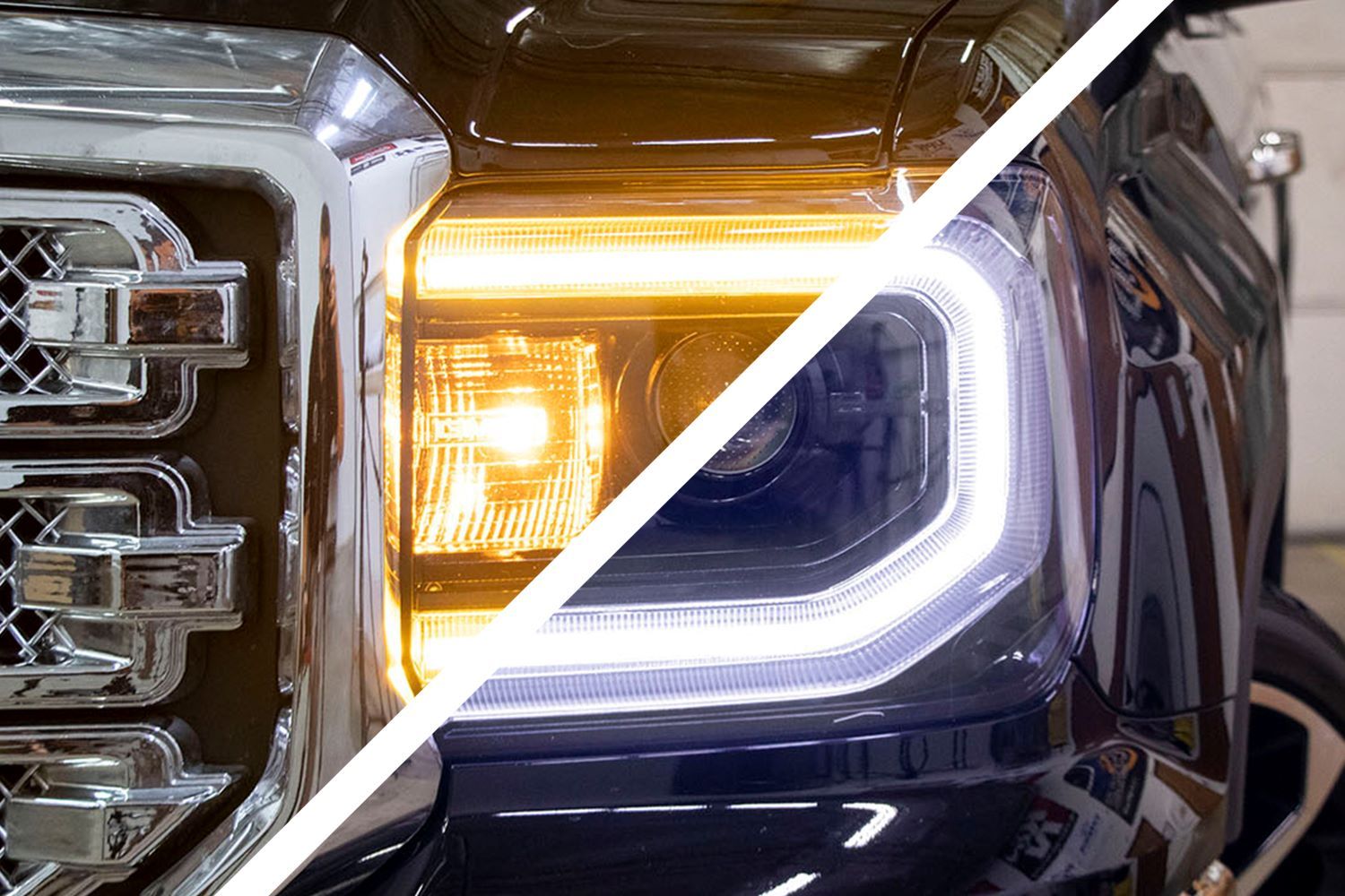 2016-2018 GMC Sierra 1500 with HD LED Halos installed comparison