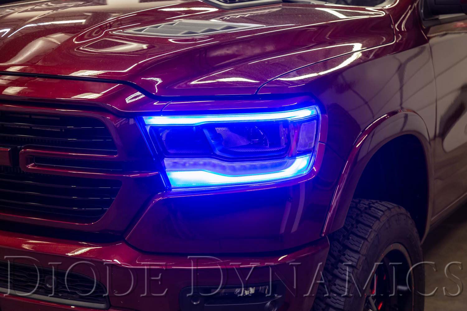2019-2023 Ram 1500 with Midline RGBW DRL LED Boards installed in blue