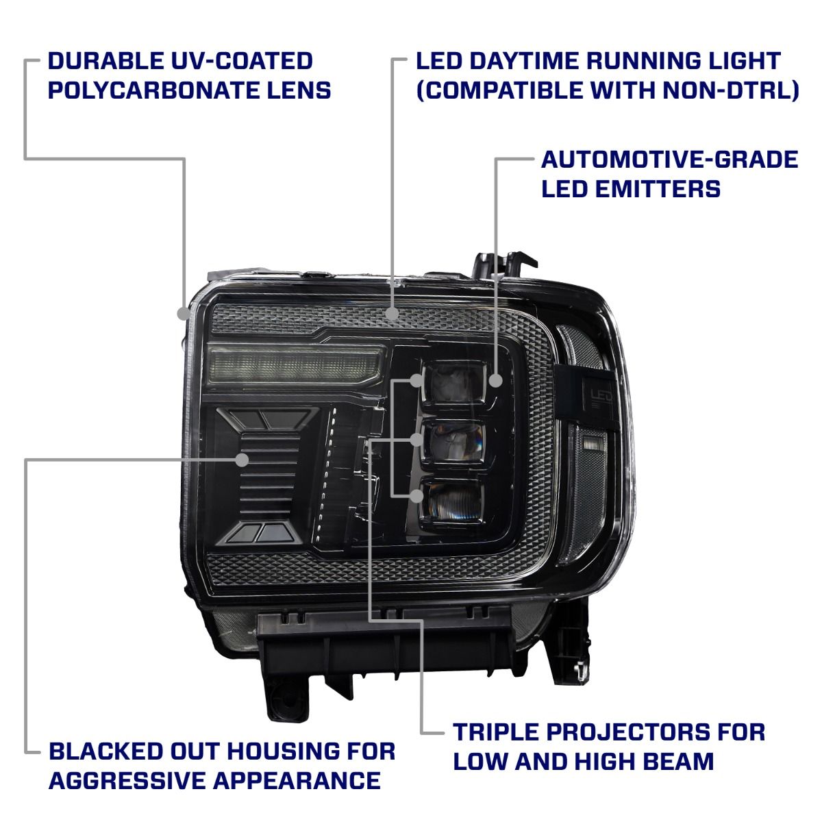 2014+ GMC Sierra 1500/2500/3500 LED Projector Headlights, Amber DRL (pair)